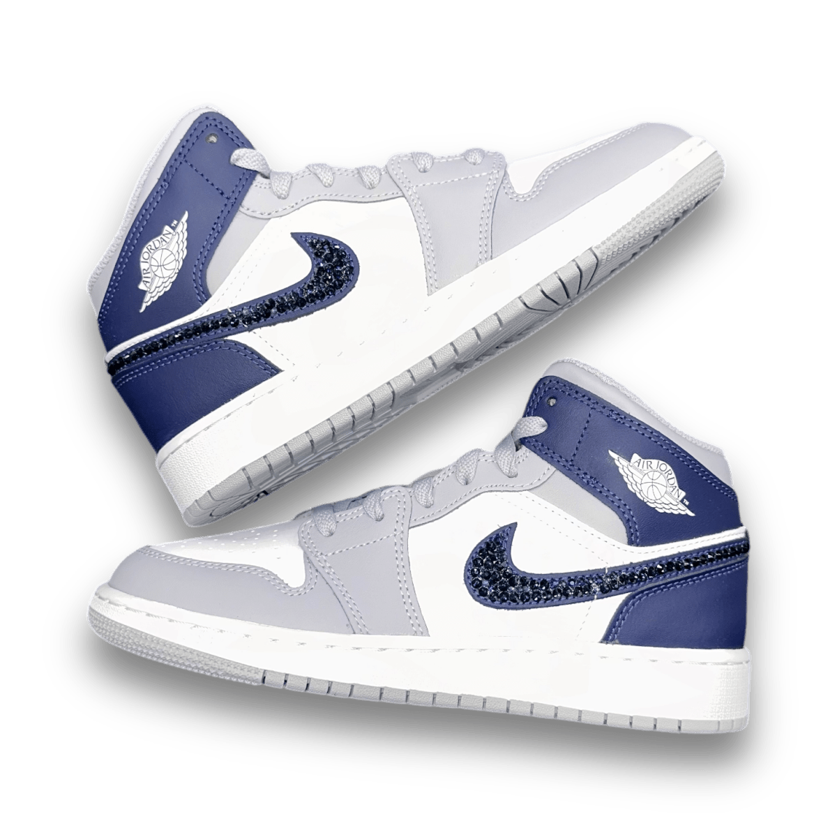 Blingy Jawns Air Jordan 1 Mid - White & Navy - Grade School - High Sneaker - Jawns on Fire Sneakers & Shoes