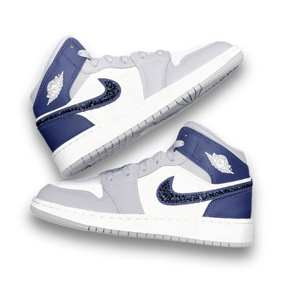 Blingy Jawns Air Jordan 1 Mid - White & Navy - Grade School - High Sneaker - Jawns on Fire Sneakers & Shoes