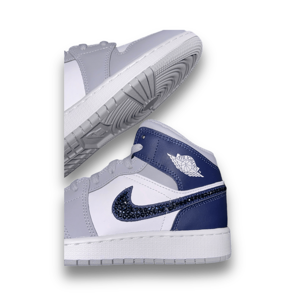 Blingy Jawns Air Jordan 1 Mid - White & Navy - Grade School - High Sneaker - Jawns on Fire Sneakers & Shoes